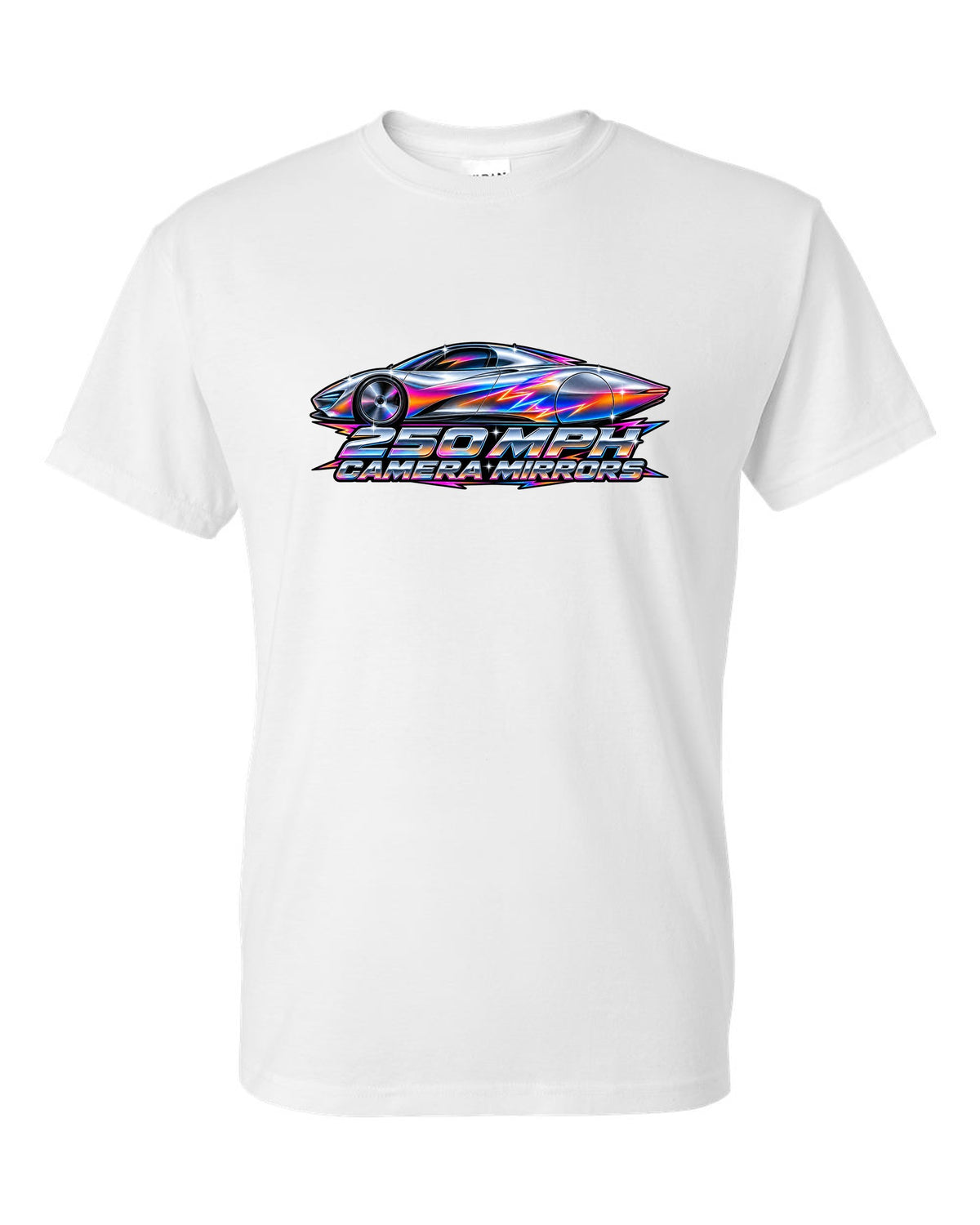 McLaren Speedtail in 80s airbrush chrome style with 250 MPH and camera mirrors lettering white t-shirt front view with the design