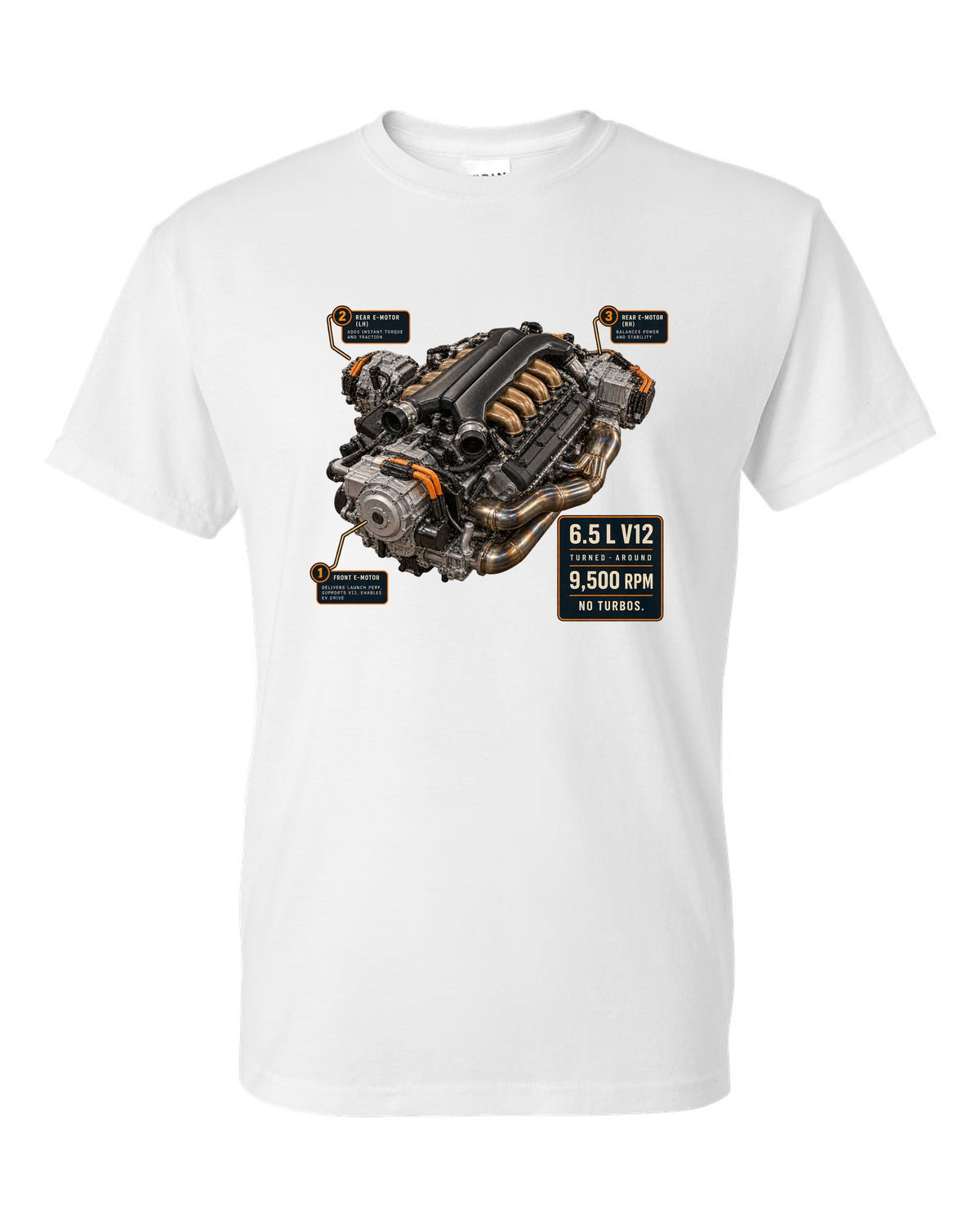 Engine hero print of the Lamborghini Revuelto L545 V12 white t-shirt front view with the design