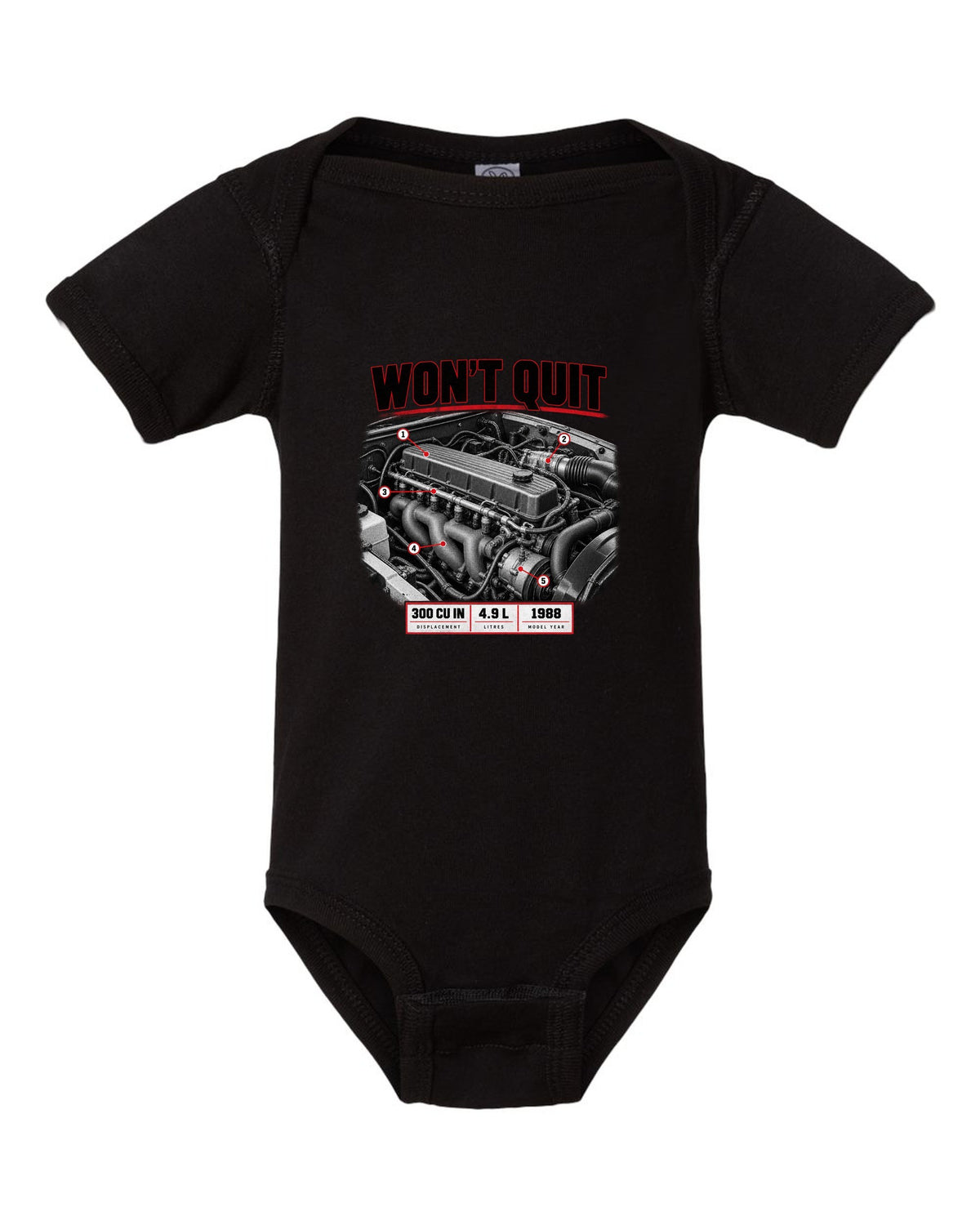 Engine print of a 1987-91 Ford F-150 Brick-Nose 4.9 inline six with 300 cu in text black baby onesie front view with the design
