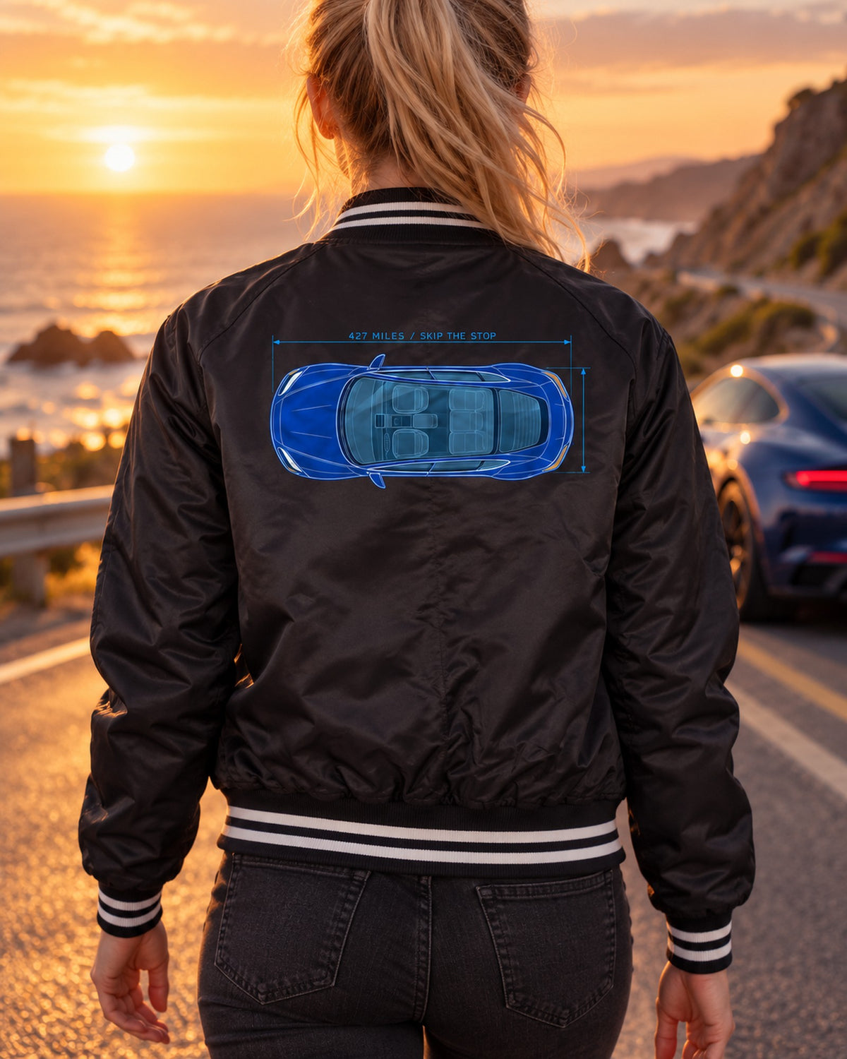 Lucid Air Sapphire Cyan Blueprint Shirt, Range Joke Tee Bomber Jacket Black worn hero