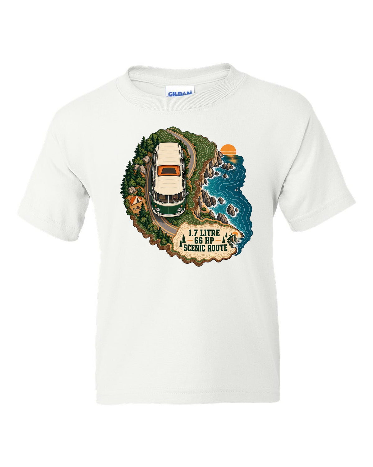 Topographic route map print of a 1972 VW Bus T2 bay window with scenic route lettering white kids tee front view with the design