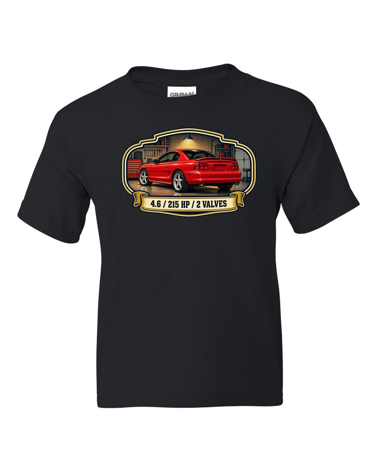Vintage oil can label design of a 1994-98 SN95 Ford Mustang coupe with 4.6 specs black kids tee front view with the design