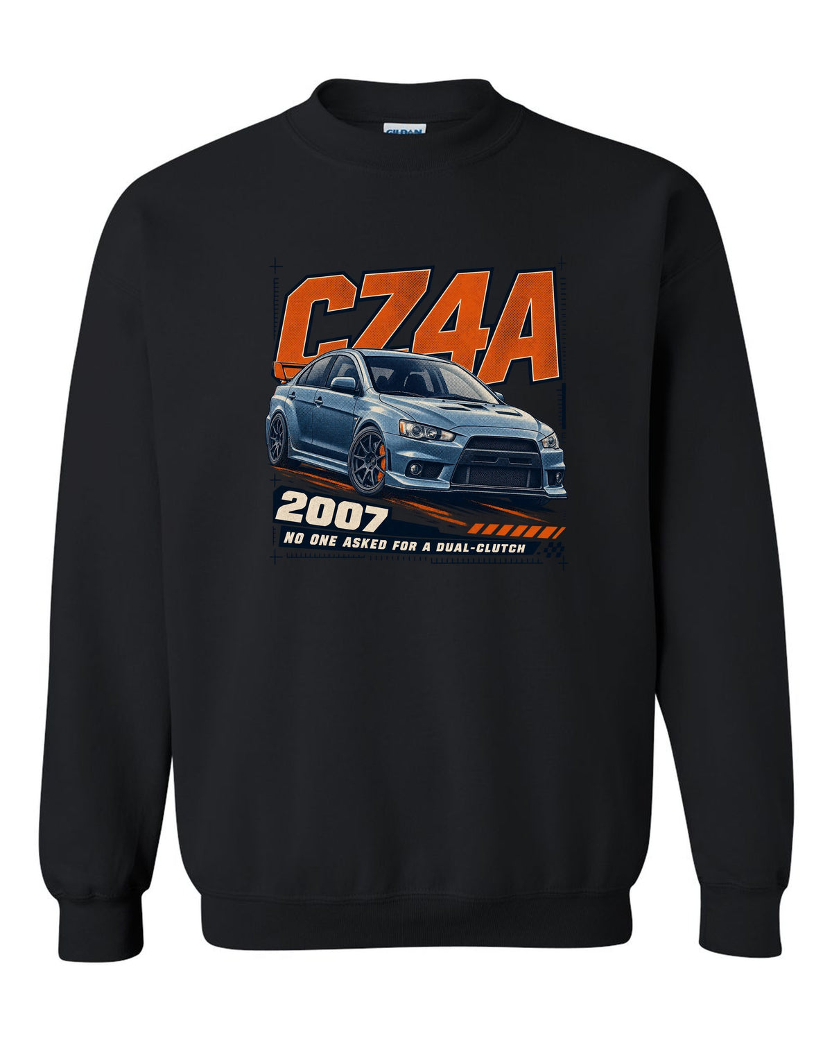 Mitsubishi Lancer Evolution X CZ4A front three-quarter halftone print black crewneck front view with the design