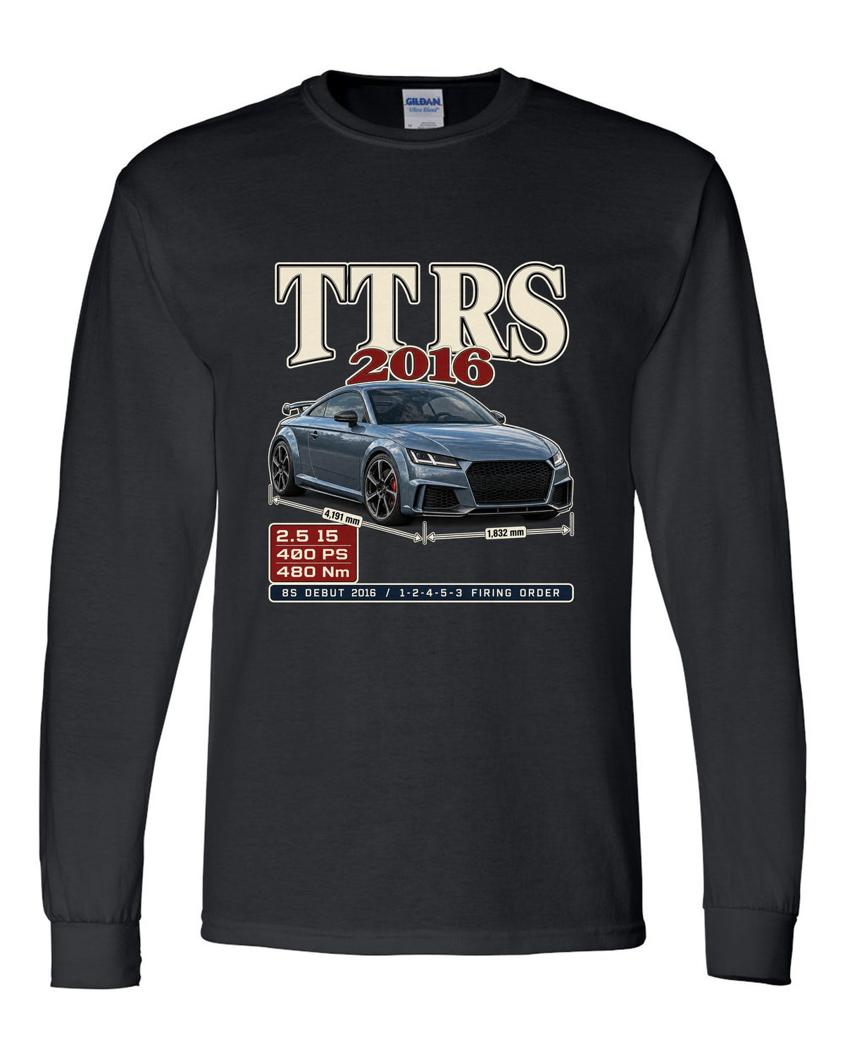 Audi TT RS 8S 2016 archive panel print with firing order black long sleeve front view with the design