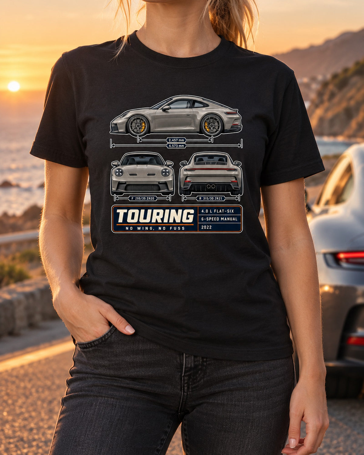 Porsche 992 GT3 Touring Three-View Shirt, Manual No Wing Tee T-Shirt Black worn hero