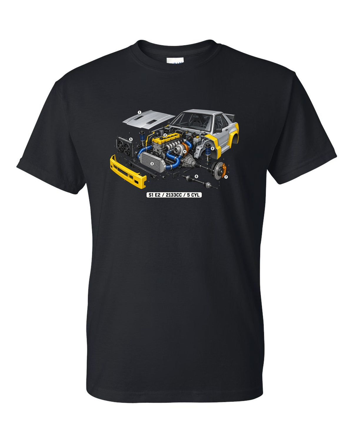 Isometric cutaway of the Audi S1 E2 five-cylinder engine, 2133cc black t-shirt front view with the design