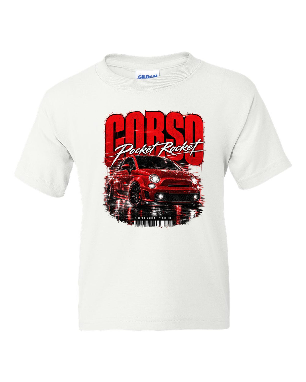 Street poster print of a Fiat 500 Abarth with Corso Pocket Rocket 5 speed manual text white kids tee front view with the design