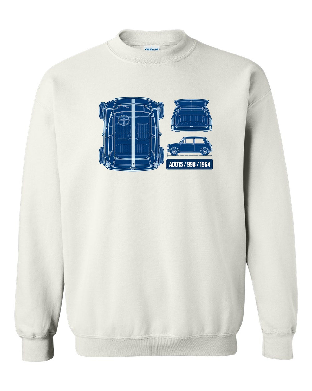 1964 Mini Cooper Mk I ADO15 in a white-on-blue cyanotype blueprint style white crewneck front view with the design