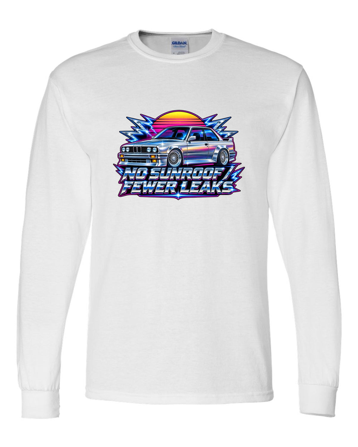 80s chrome airbrush print of a BMW E30 M3 with no sunroof fewer leaks text white long sleeve front view with the design