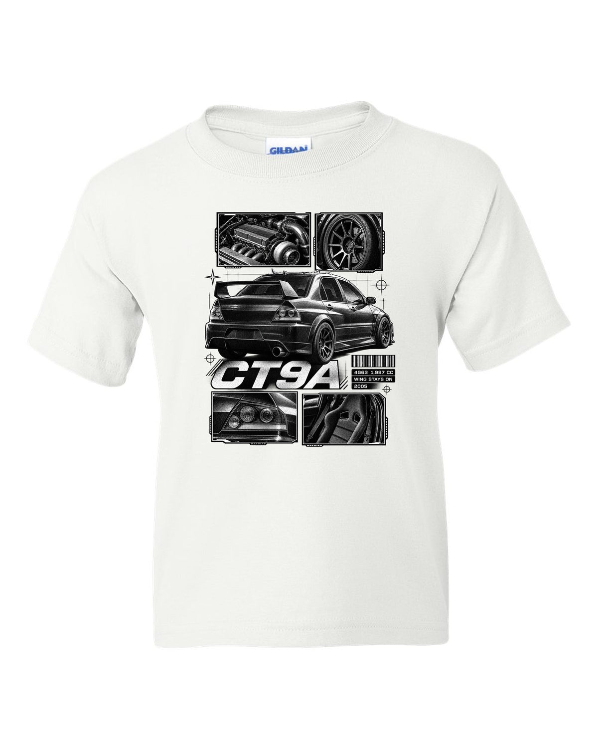 Dossier panel print of a Mitsubishi Lancer Evolution VIII IX CT9A white kids tee front view with the design