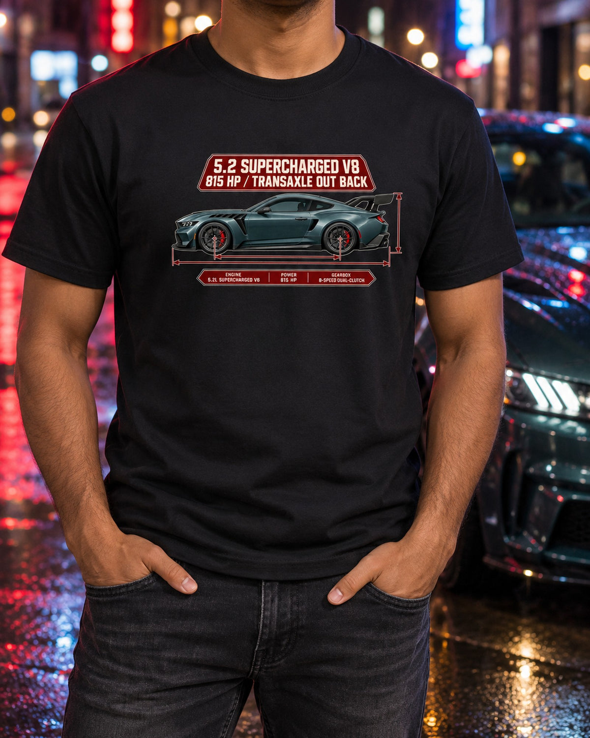 Mustang GTD Dimension Blueprint Shirt, 815 HP Supercharged V8 T-Shirt Black worn hero