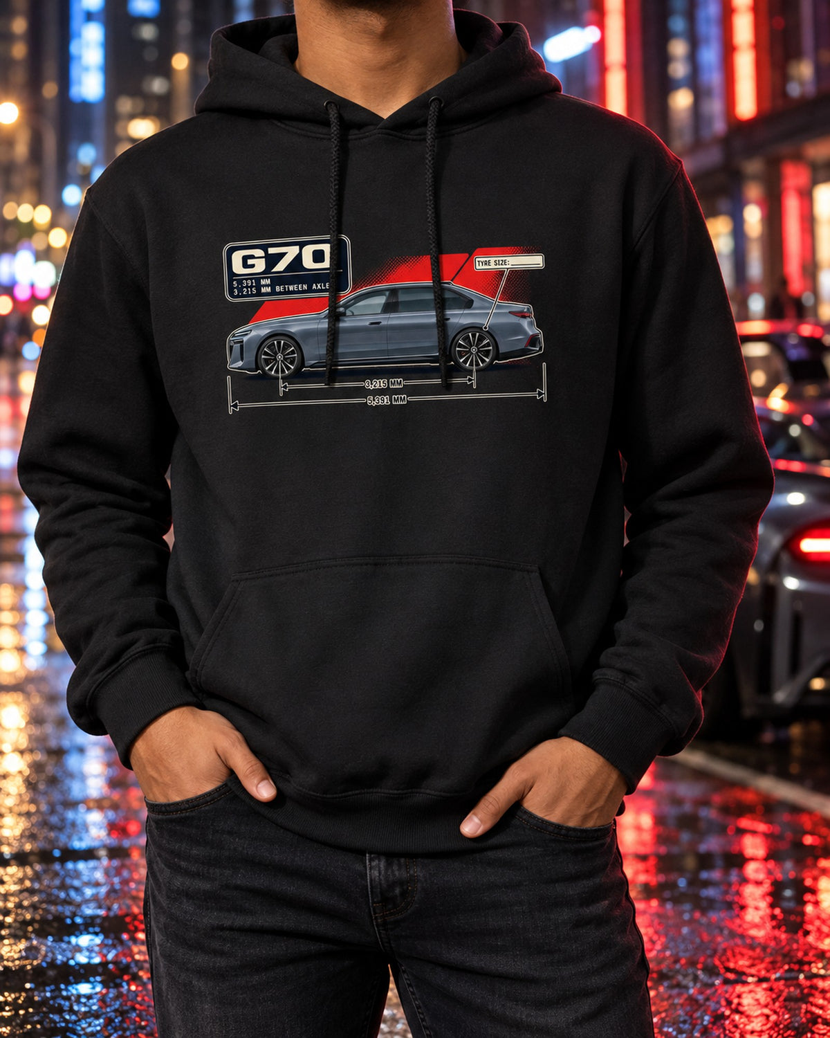 BMW i7 M70 xDrive G70 Dimension Blueprint Shirt Pull Over Hoodie Black worn hero