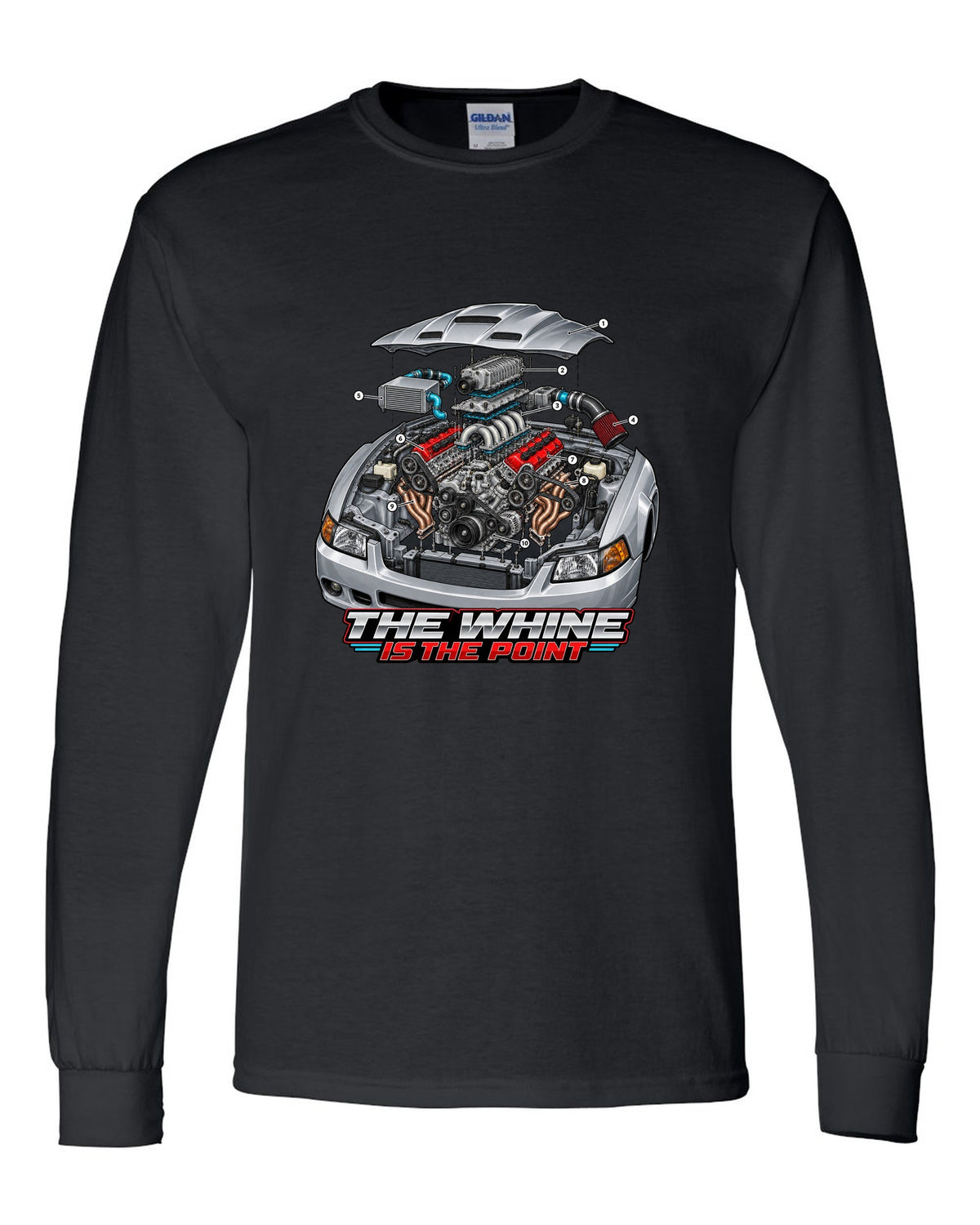 Exploded engine cutaway print of a supercharged Ford Mustang SN95 Terminator-spec black long sleeve front view with the design