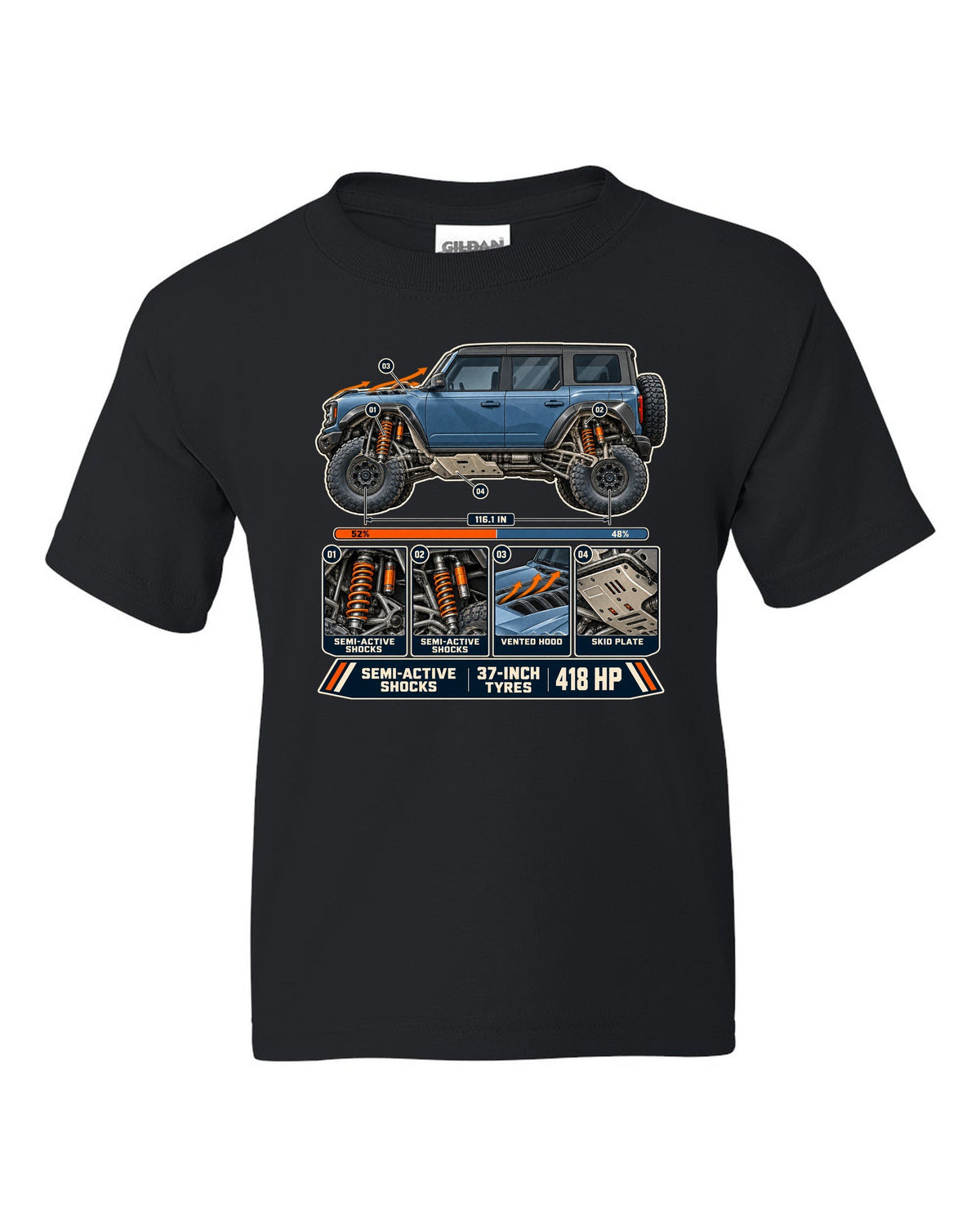 Ford Bronco Raptor suspension cutaway with callouts print black kids tee front view with the design