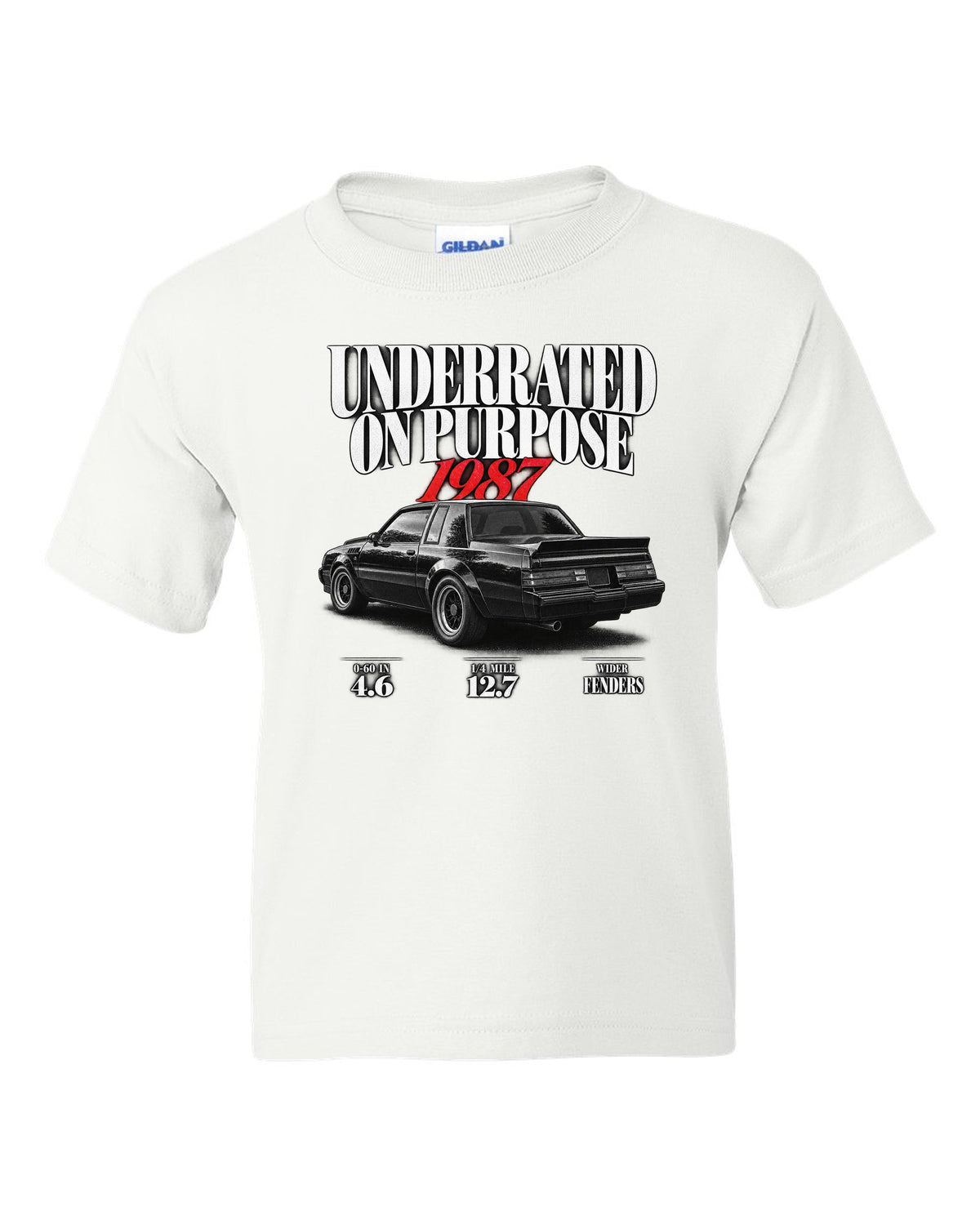 1987 Buick GNX editorial headline print with performance figures white kids tee front view with the design