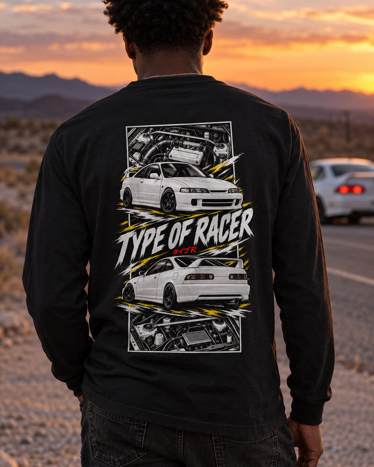 Acura Integra Dc2 Torn Poster Full-Back Graphic Tee Long Sleeve Black worn hero