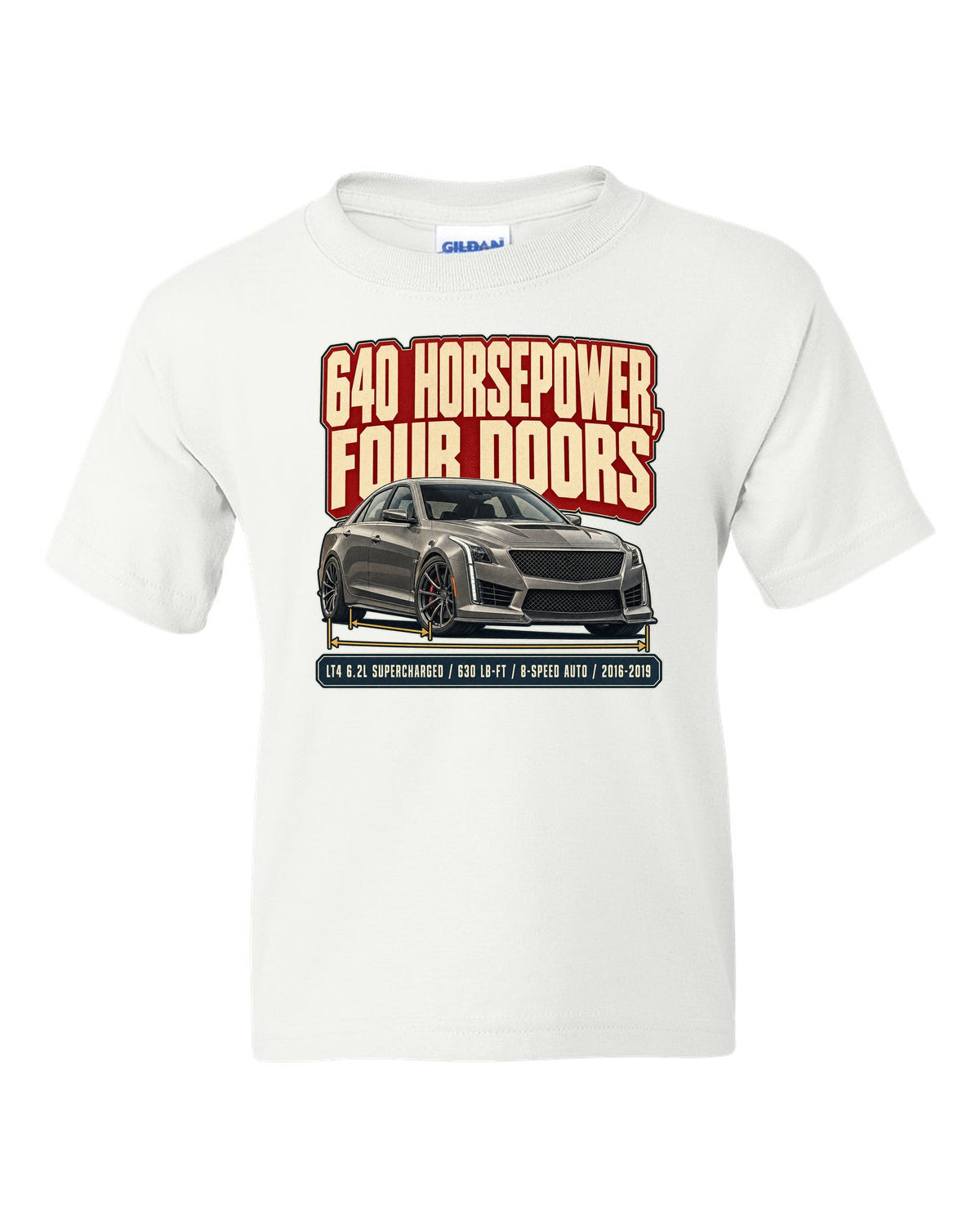Editorial headline print for a 2016-19 third generation Cadillac CTS-V white kids tee front view with the design