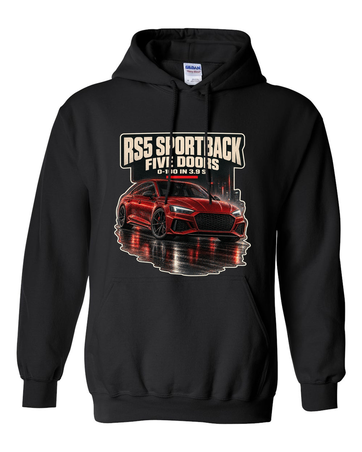 Night street scene of an Audi RS5 Sportback B9 facelift black pull over hoodie front view with the design
