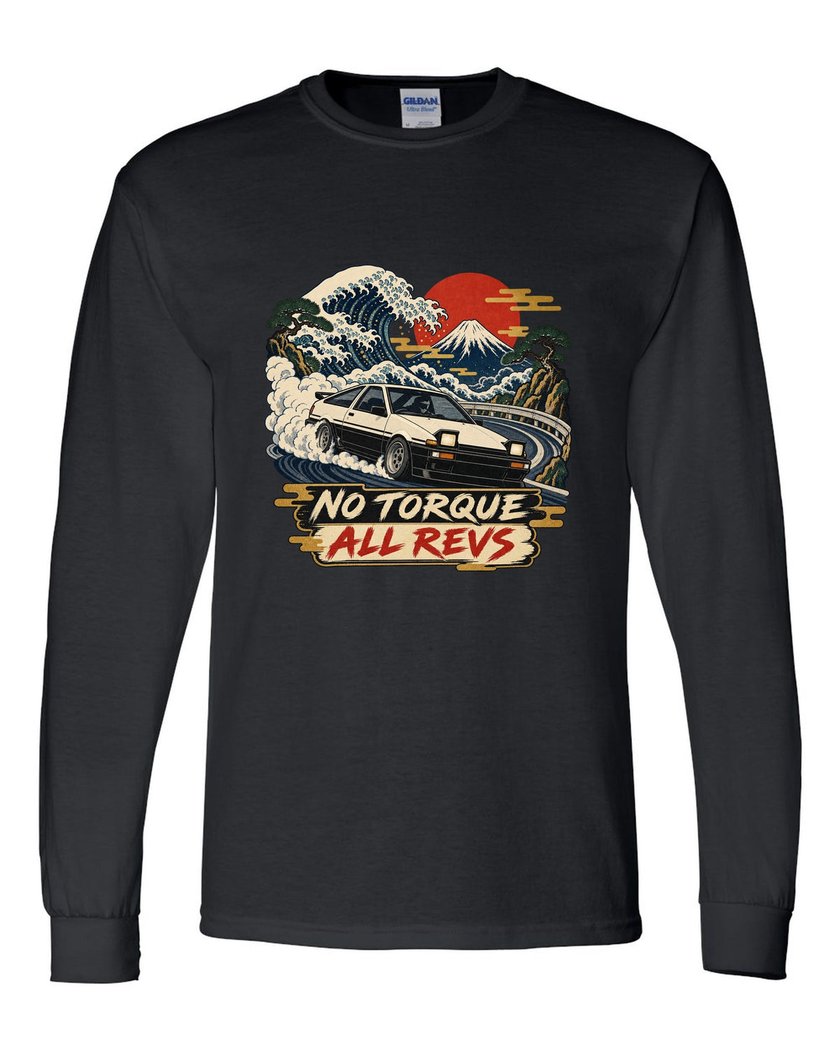 Woodblock ukiyo-e print of a 1985 Toyota Sprinter Trueno AE86 with No Torque All Revs lettering black long sleeve front view with the design