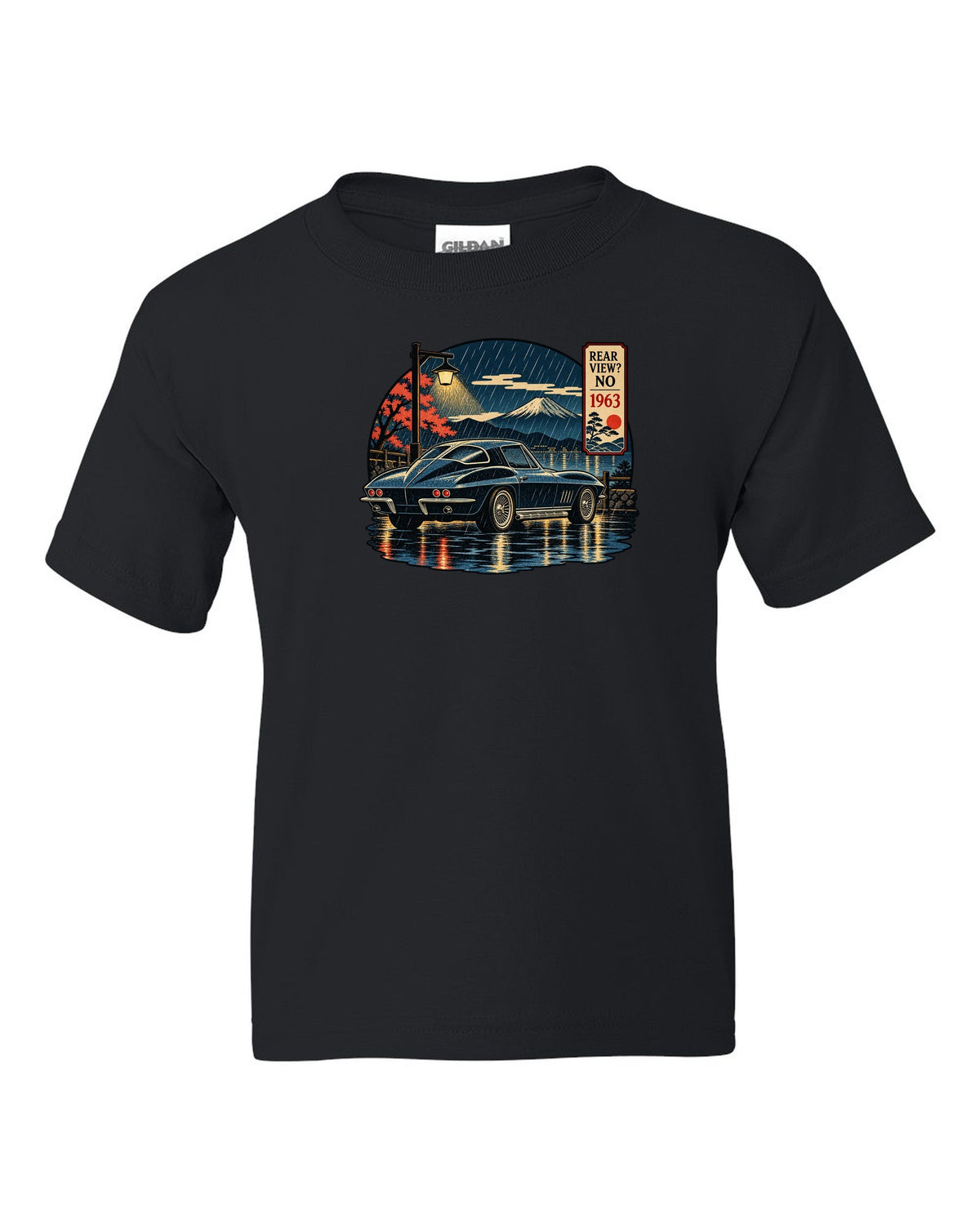 Ukiyo-e woodblock style print of a 1963 Chevrolet Corvette C2 Sting Ray coupe on a rainy night black kids tee front view with the design