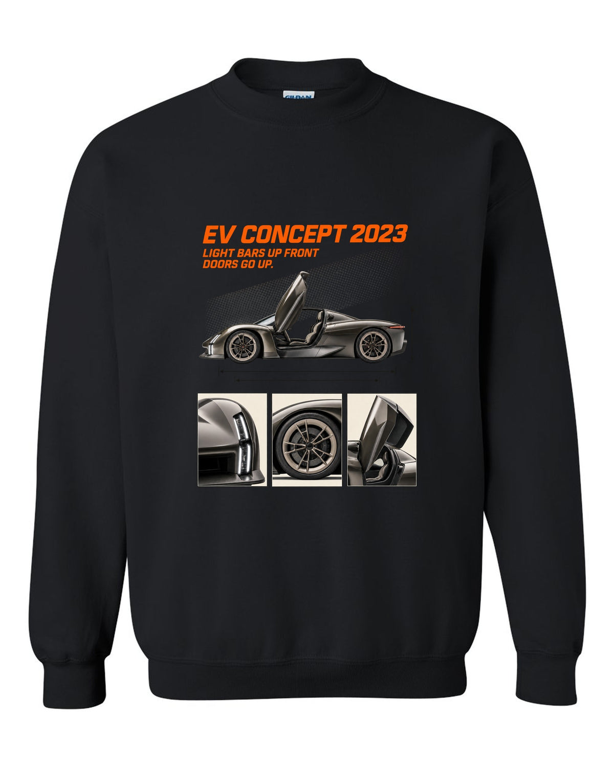 Porsche Mission X electric concept dossier panels print design black crewneck front view with the design