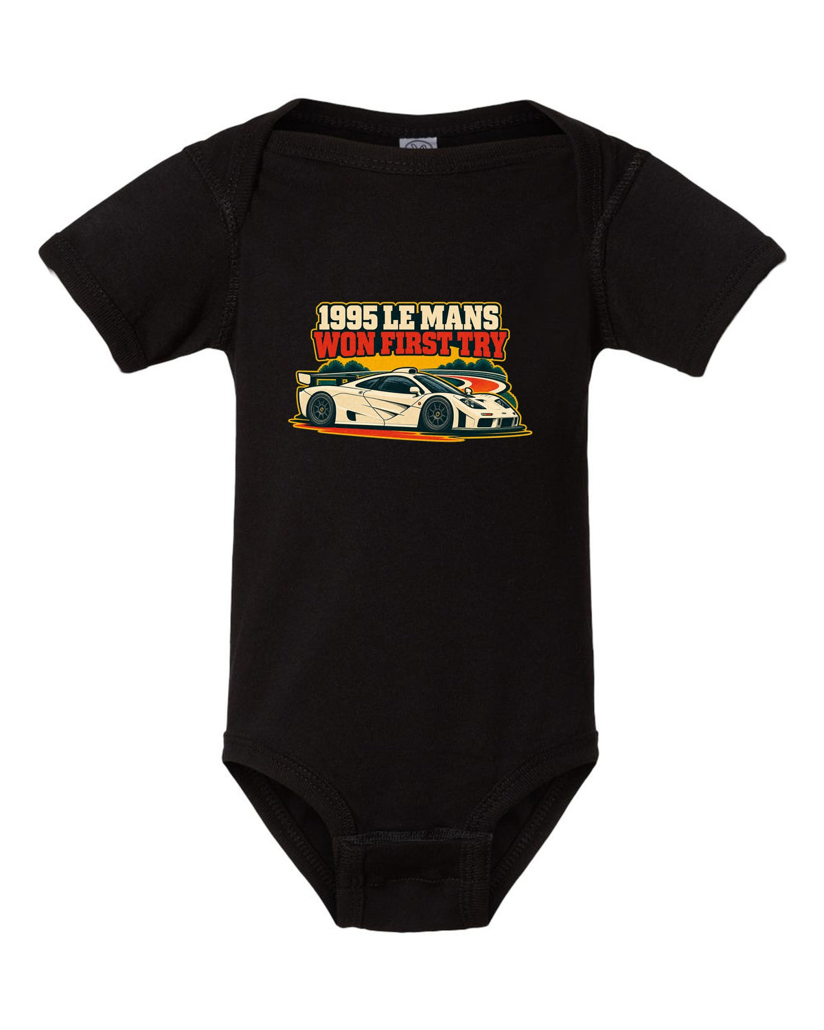 Vintage race poster print of the McLaren F1 GTR with 1995 Le Mans Won First Try lettering black baby onesie front view with the design