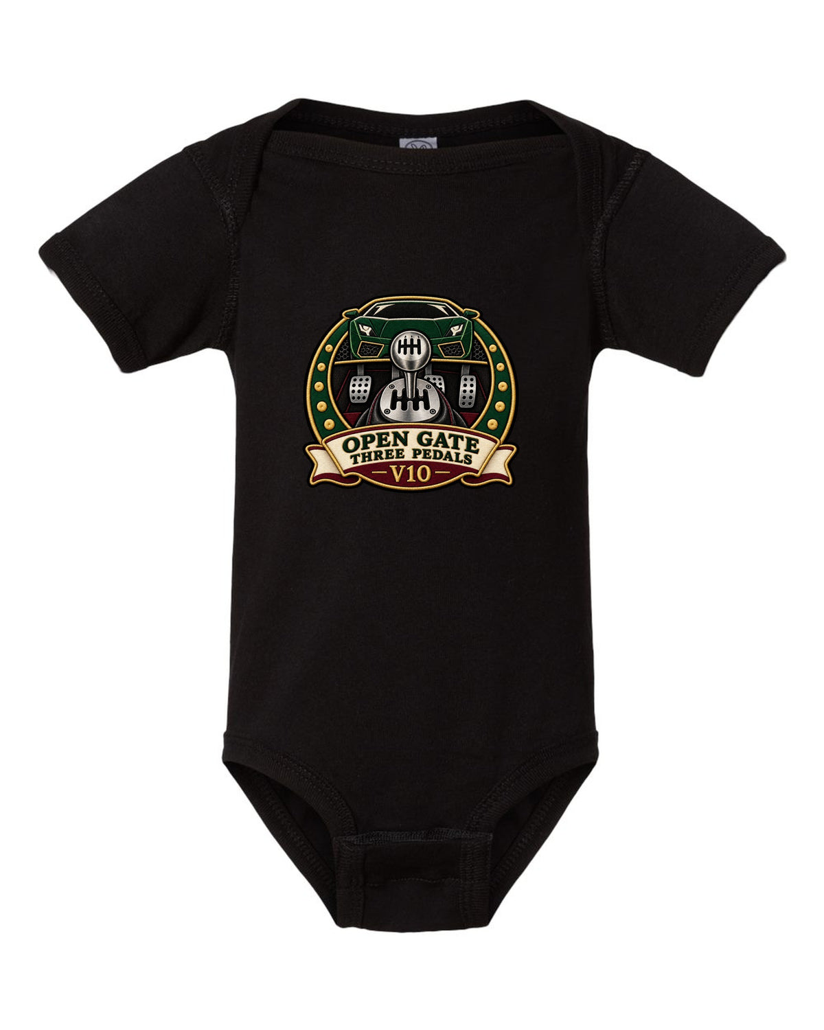 Embroidery-style crest of a 2004 Lamborghini Gallardo gated six-speed with open gate text black baby onesie front view with the design