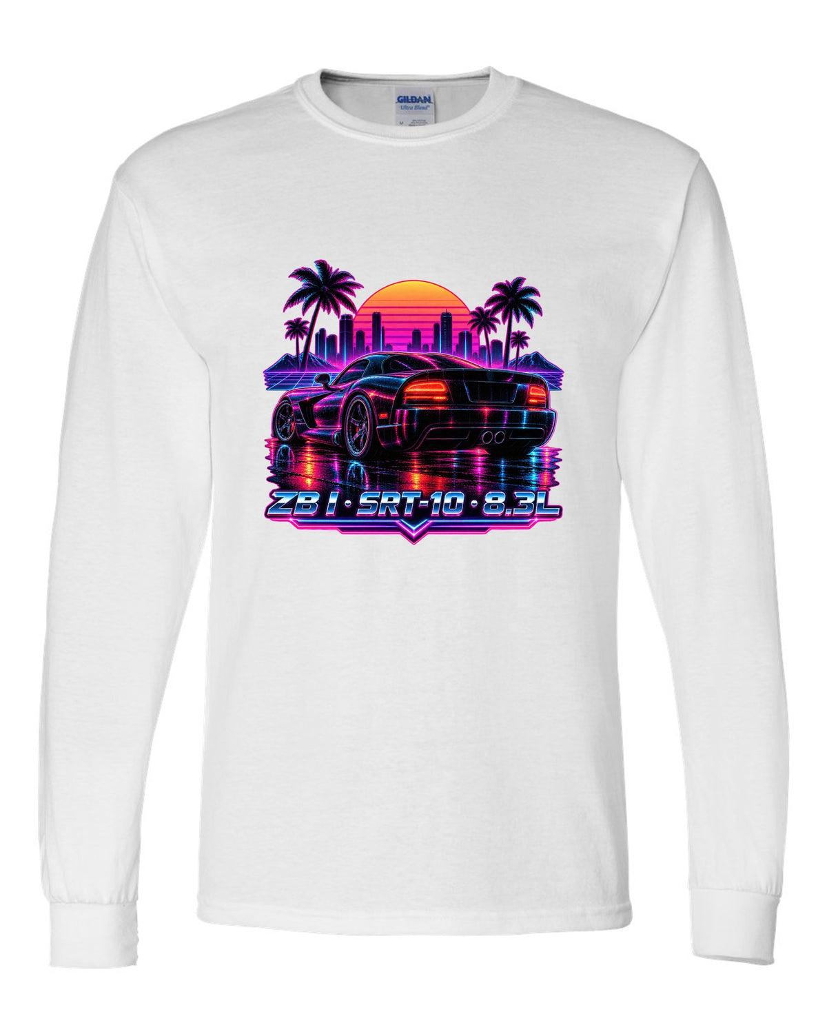 Synthwave neon rain street print of a 2005 Dodge Viper SRT-10 ZB I tail white long sleeve front view with the design