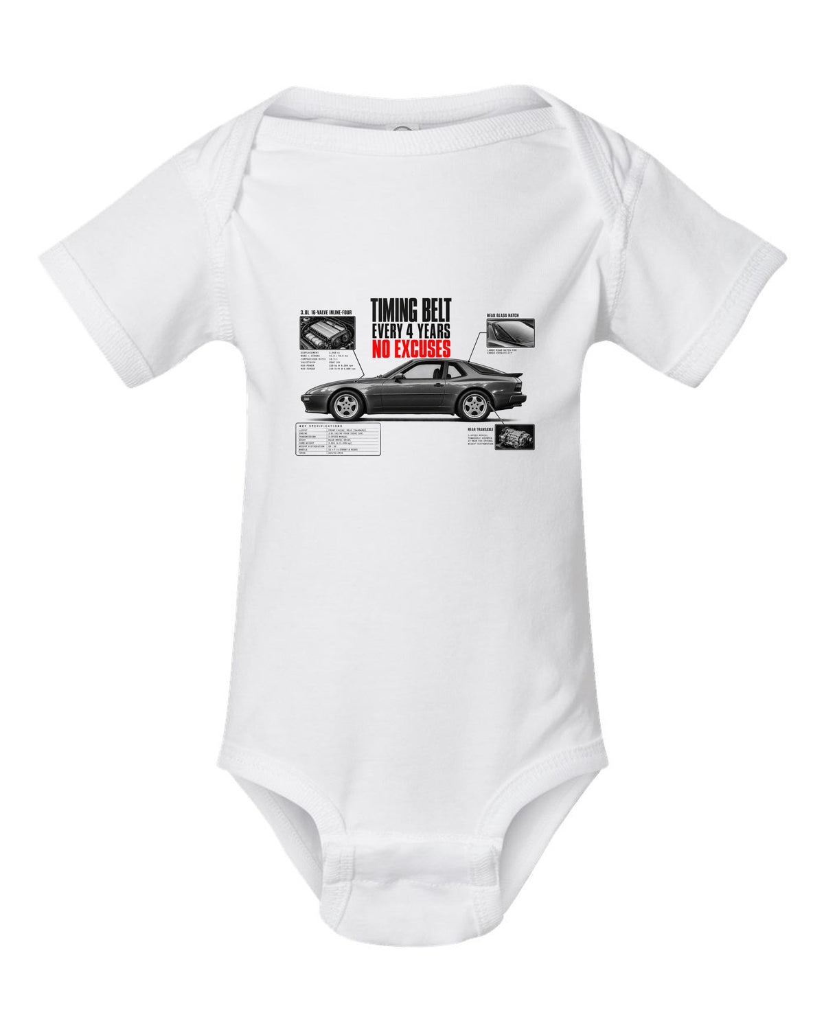 Spec poster print for a Porsche 944 S2 with a timing belt every 4 years caption white baby onesie front view with the design