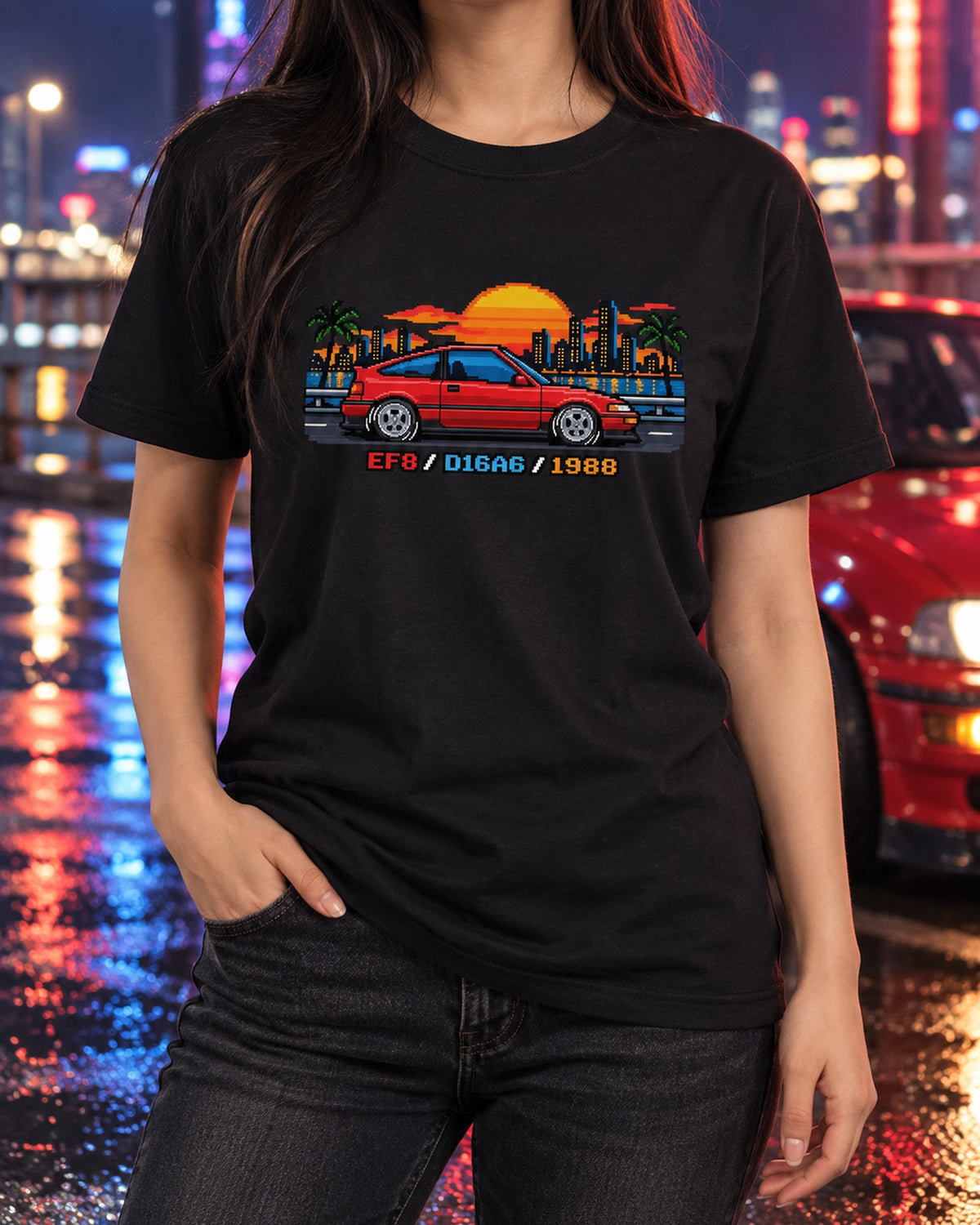 Honda CRX EF8 D16A6 Pixel Art Shirt, 16-Bit Car Tee T-Shirt Black worn hero