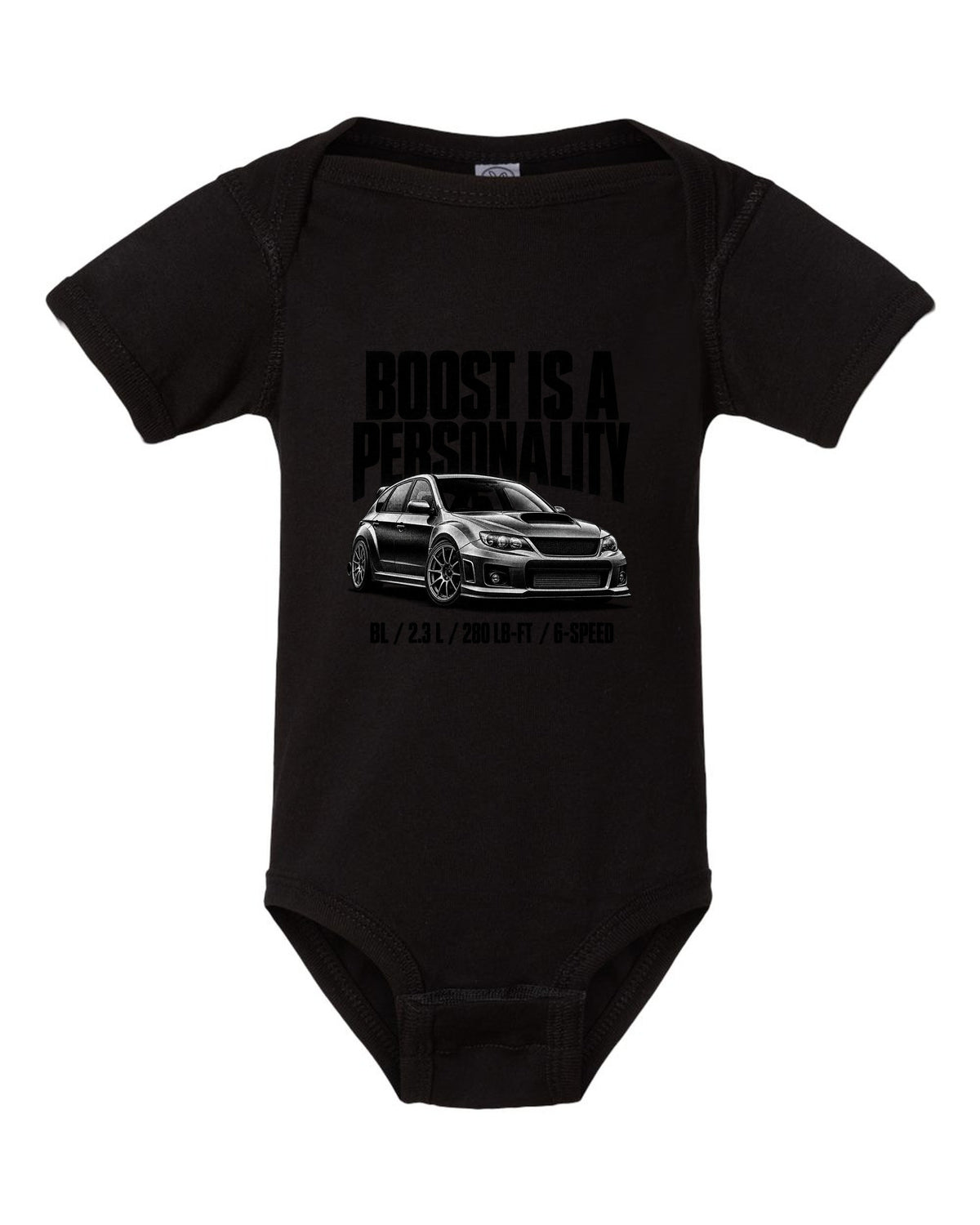 Halftone carbon print of a Mazdaspeed3 BL with boost lettering black baby onesie front view with the design