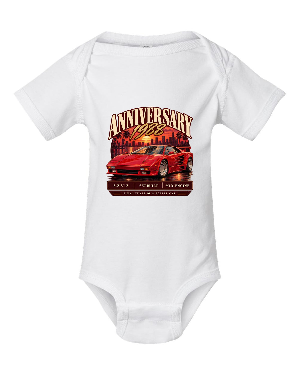 Archive panel print of a Lamborghini Countach 25th Anniversary with 657 built text white baby onesie front view with the design