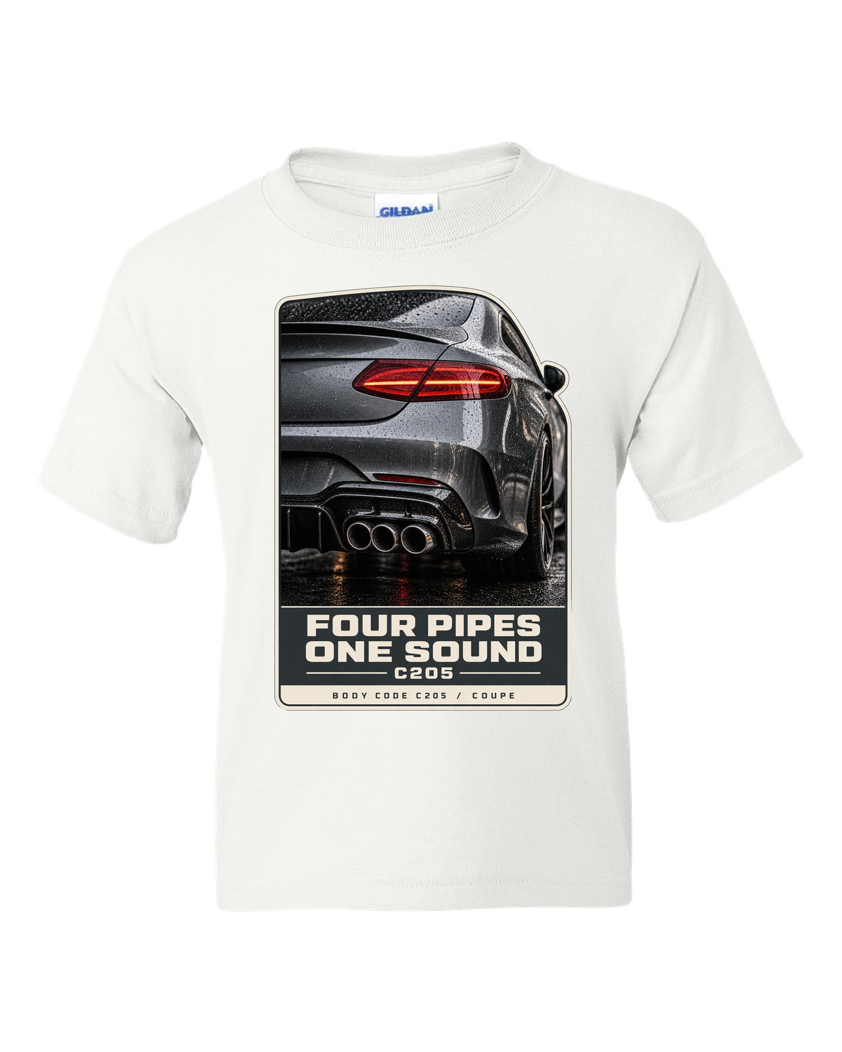 Mercedes-AMG C63 Coupe C205 rear taillight and four-pipe exhaust macro white kids tee front view with the design
