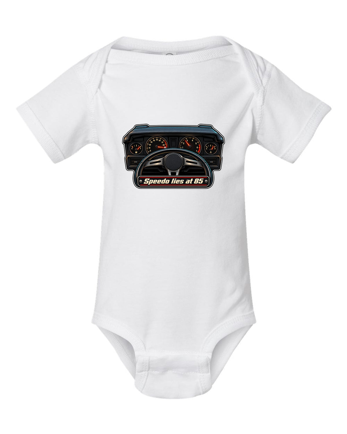Gauge-cluster HUD print for a Ford Mustang Fox Body GT with speedo text white baby onesie front view with the design