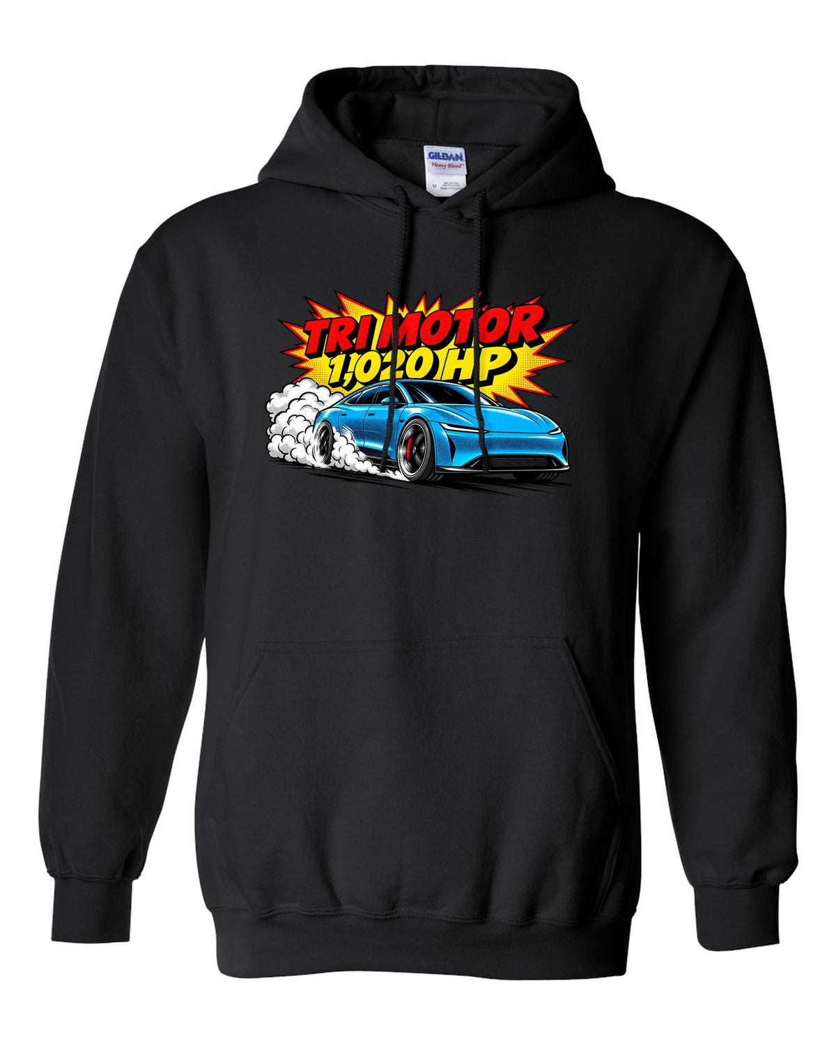 Comic halftone pop-art of a 2021 Tesla Model S Plaid with the words Tri Motor 1,020 HP black pull over hoodie front view with the design