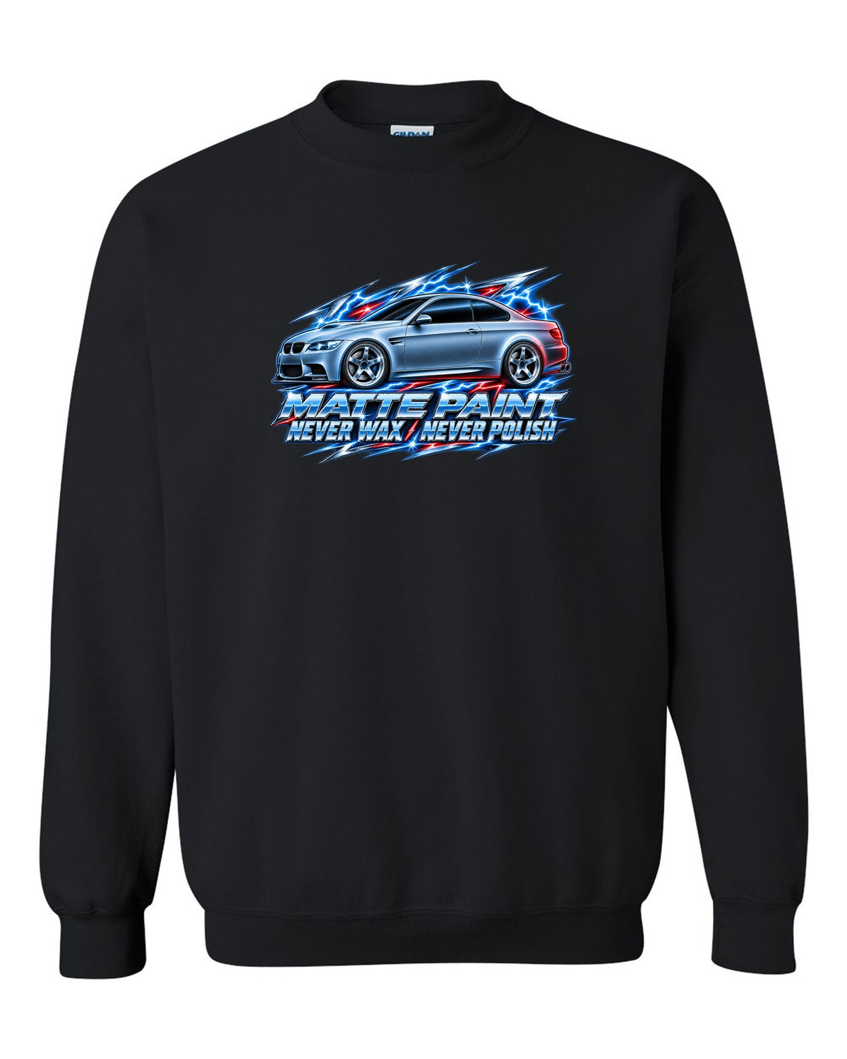 80s chrome airbrush print of a BMW E92 M3 coupe with matte paint never wax never polish text black crewneck front view with the design