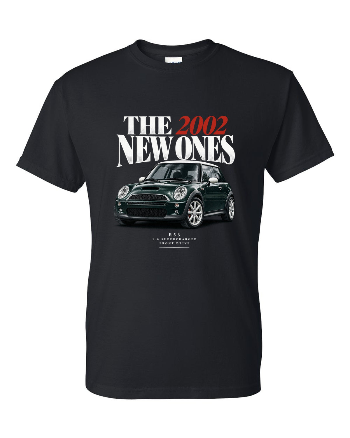 Mini Cooper S R53 dark green with white roof editorial headline print black t-shirt front view with the design