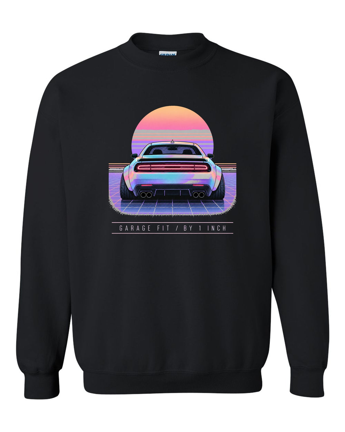 Vaporwave pastel print of a 2021 Dodge Challenger Scat Pack Widebody with garage fit text black crewneck front view with the design