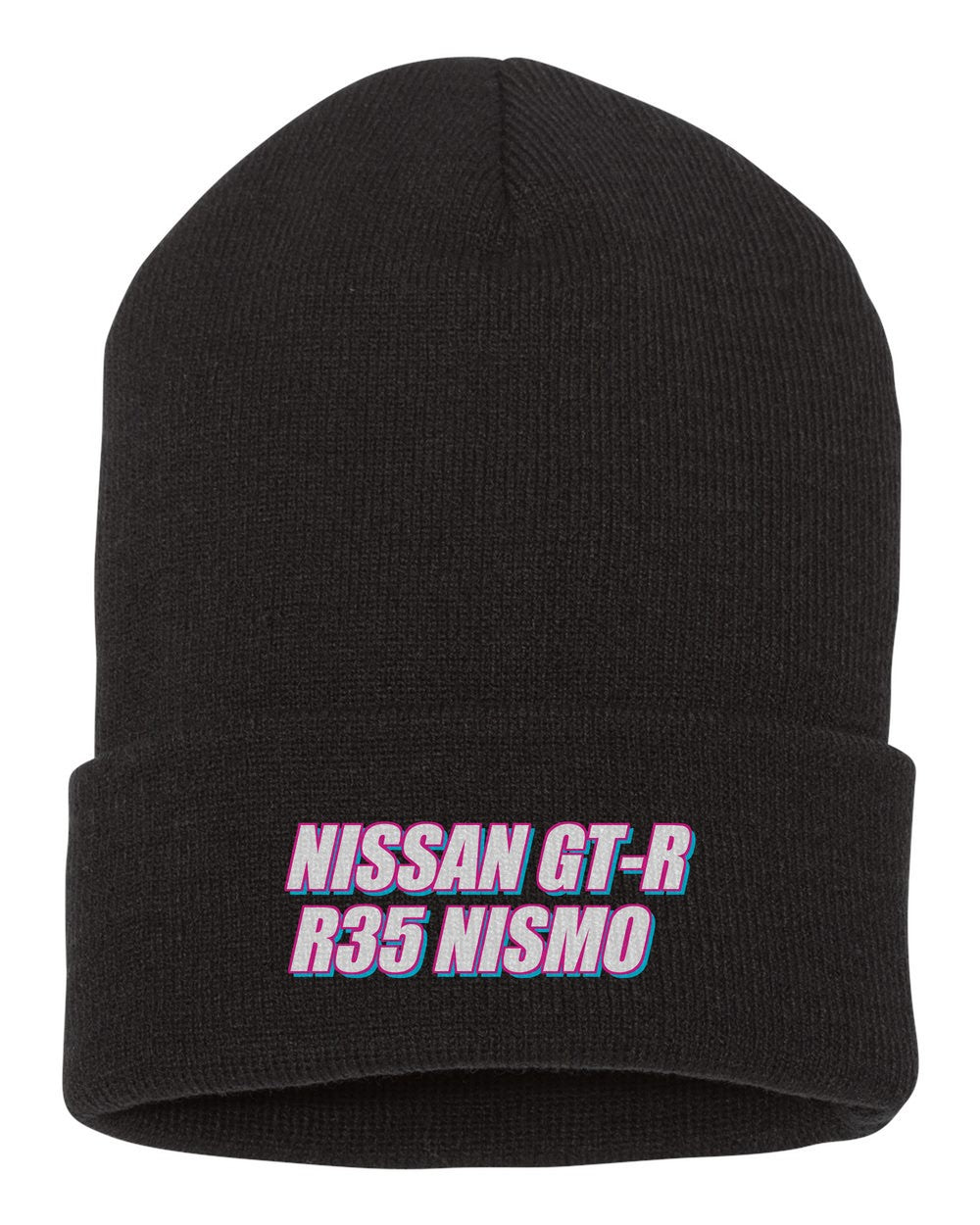 Nissan Gt-R R35 Nismo black beanie front view with car name