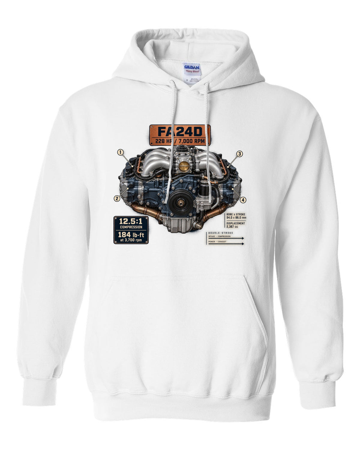 Poster-style engine print of the FA24D flat-four from the Subaru BRZ ZD8 and Toyota GR86 ZN8 white pull over hoodie front view with the design