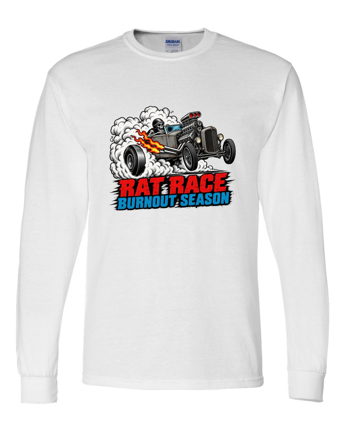 Halftone screenprint print of a primer-grey rat rod roadster in tyre smoke with Burnout Season lettering white long sleeve front view with the design
