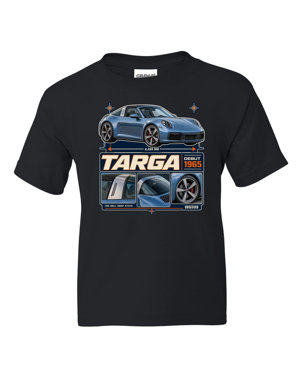Dossier panel print of a Porsche 911 Targa 4S 992 with roll hoop black kids tee front view with the design