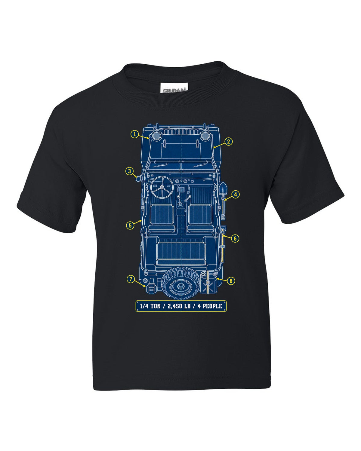 Cyanotype blueprint print of a Willys MB with field manual specs text black kids tee front view with the design