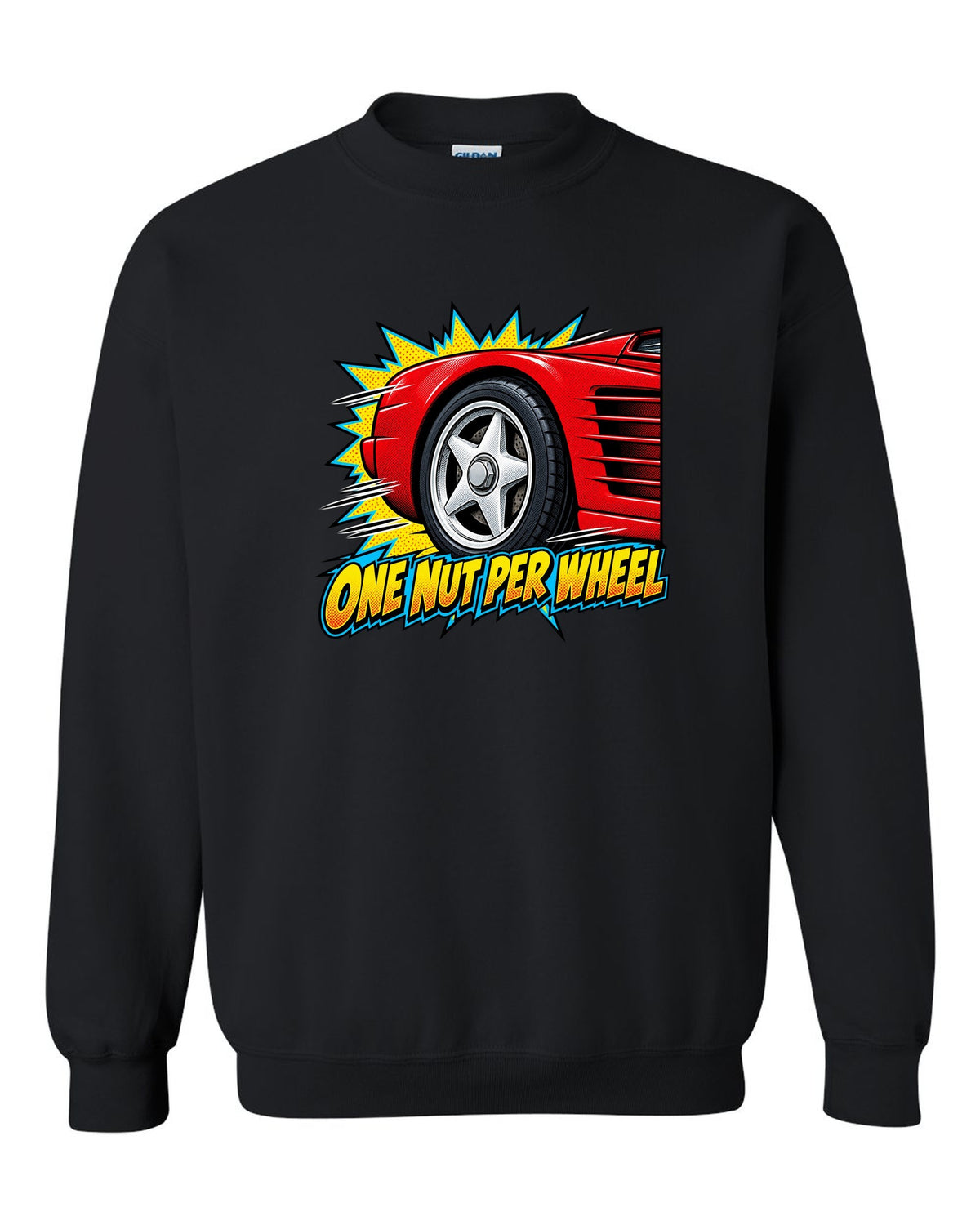 Comic halftone pop art of a Ferrari Testarossa five-star wheel black crewneck front view with the design
