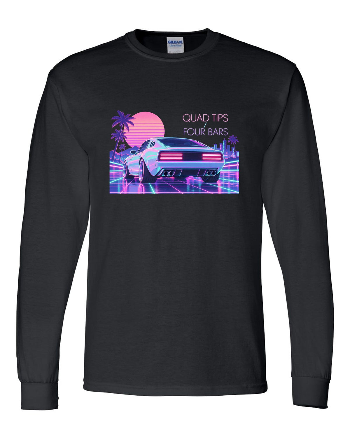 Kia Stinger GT CK vaporwave pastel rear view print with quad tips and four bars text black long sleeve front view with the design