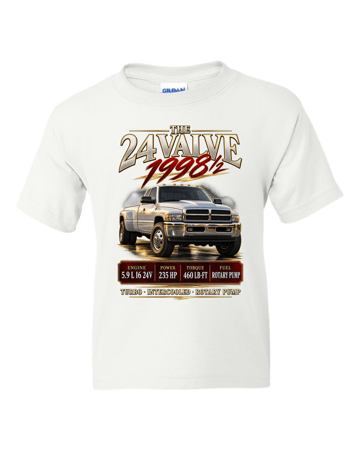 Archive panel of a 1998.5-2002 Ram 2500 2nd gen 24V with 235 HP and 460 lb-ft white kids tee front view with the design
