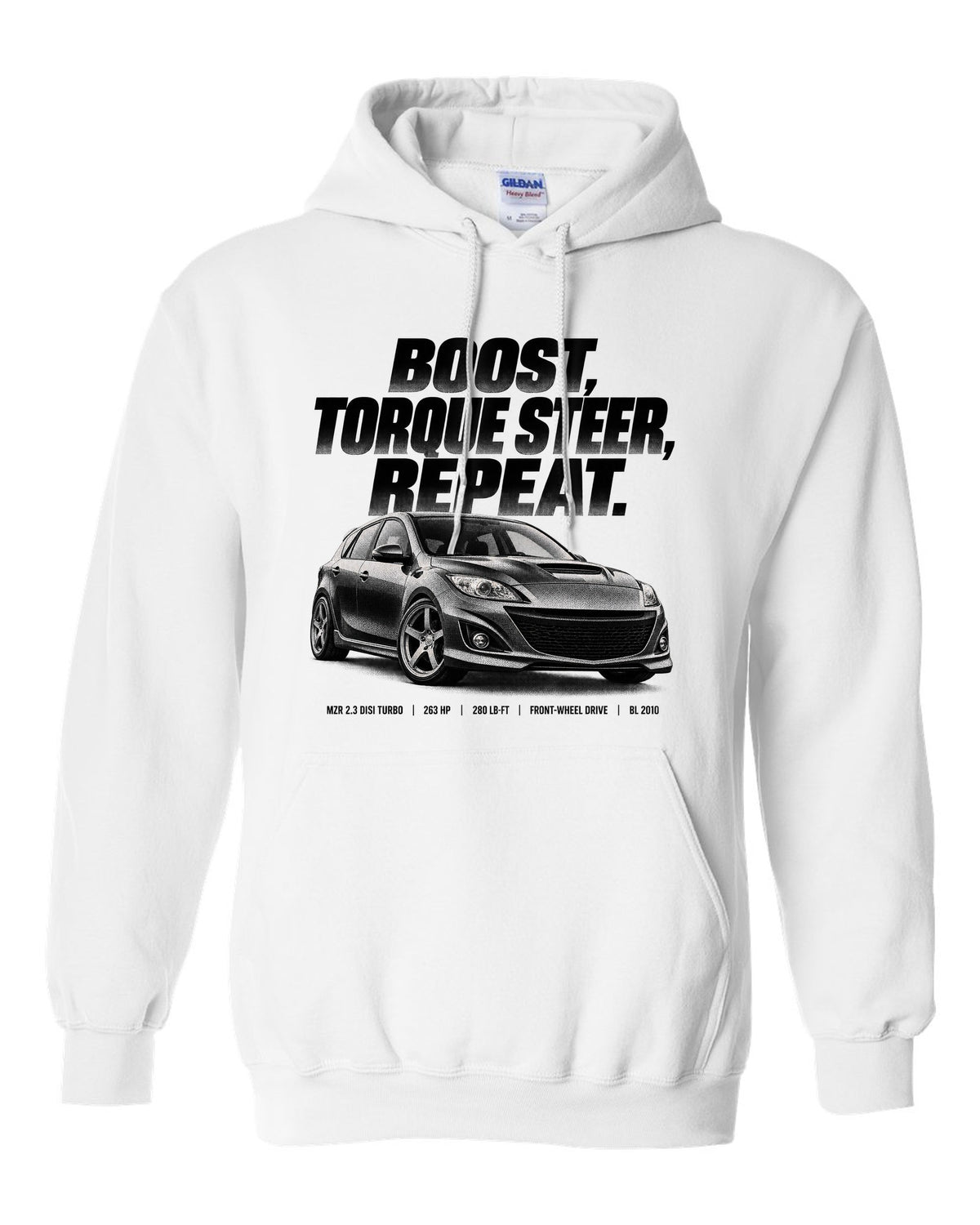 Halftone print for the 2010 Mazdaspeed3 BL reading boost, torque steer, repeat with MZR 2.3 DISI specs white pull over hoodie front view with the design
