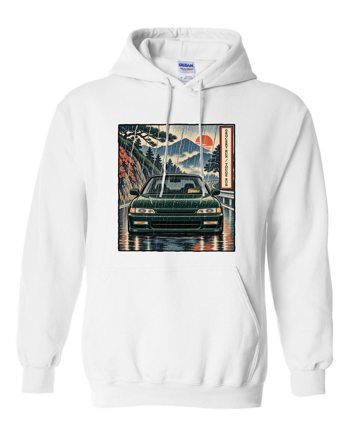 Ukiyo-e woodblock style print of a Honda Accord CD6 SiR with grocery run touge run text white pull over hoodie front view with the design