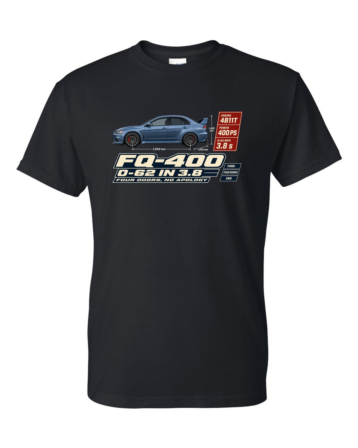 Evo X FQ-400 Spec Poster Tee, 0-62 in 3.8, Four Doors black t-shirt front view with the design