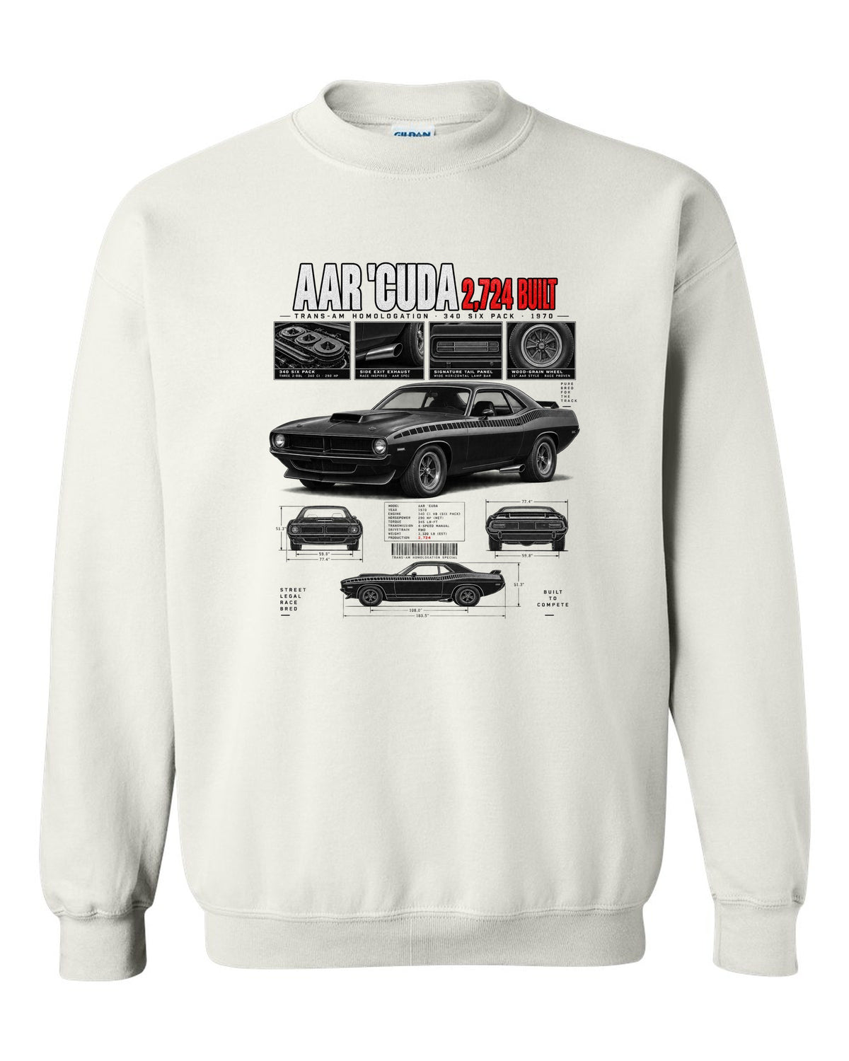 1970 Plymouth AAR Cuda E-body Dossier, 2,724 Built Tee white crewneck front view with the design